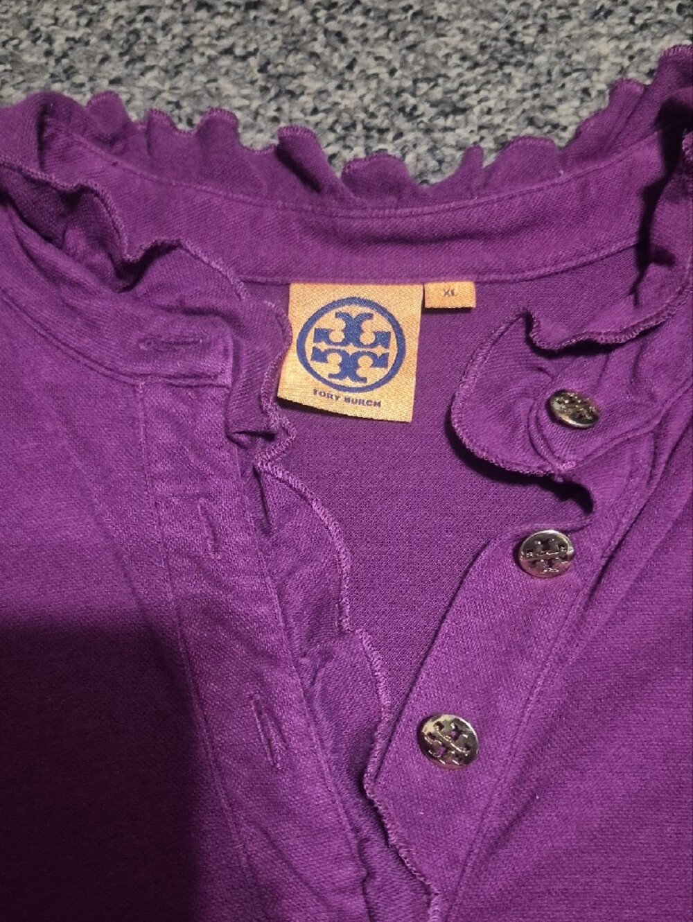 Tory Burch Purple Ruffle Henley Short Sleeve Tee - Picture 2 of 4